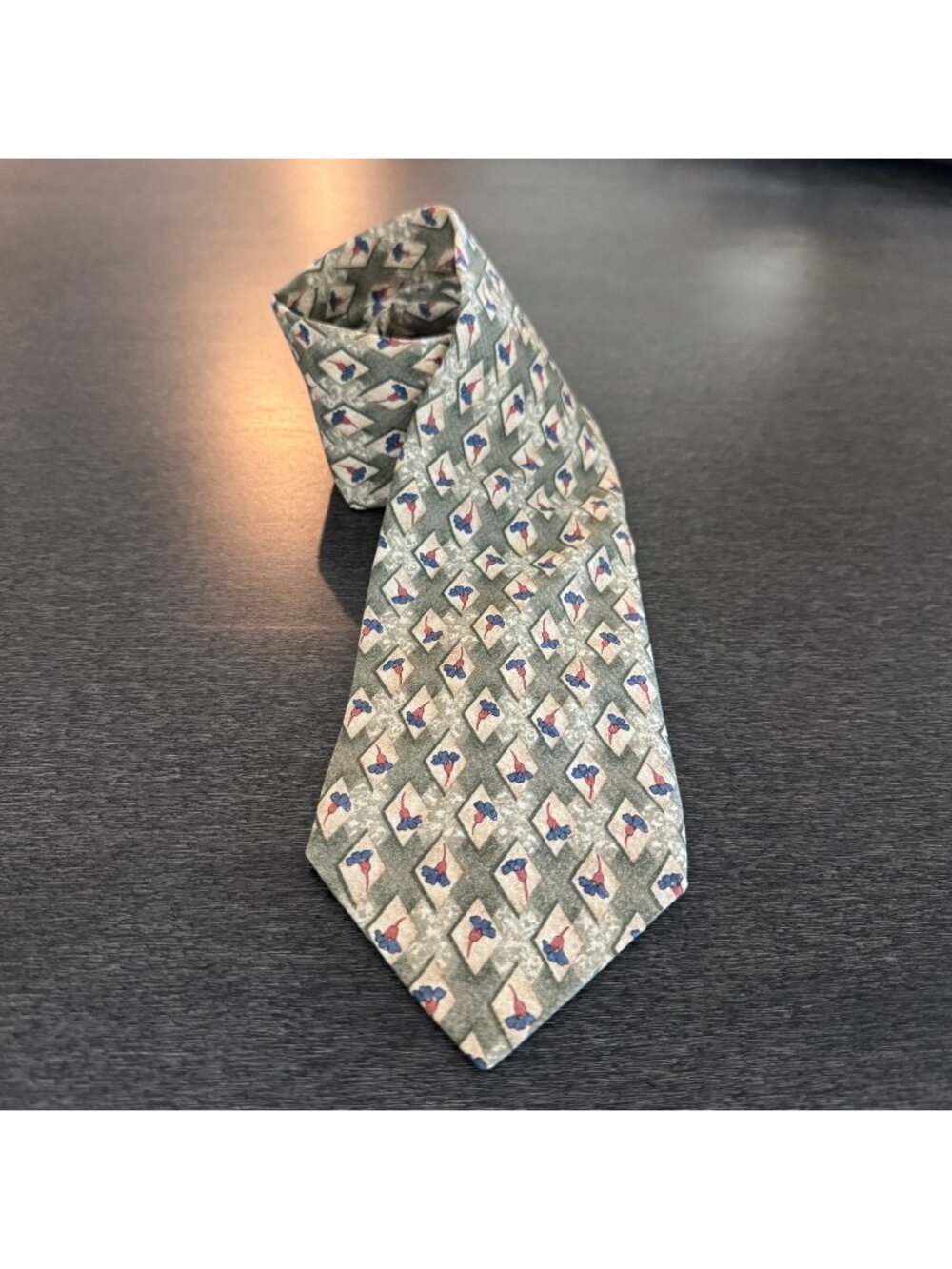 Bally 100% Silk Tie Green Geometric Diamond Pattern Blue Red Floral Italy Made